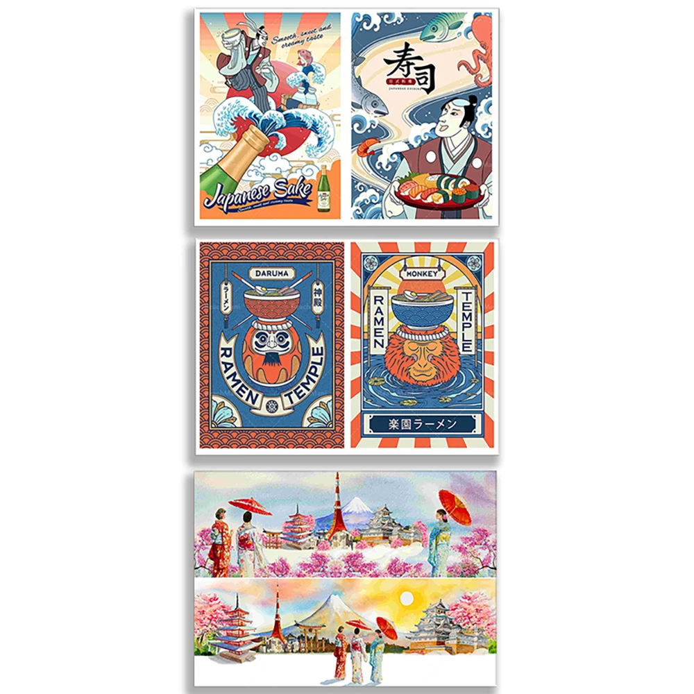아름다운 일본 콜라주 캔버스 프린트 포스터, 일본 음식, 일본 문화 게이샤 스시 후지산 레트로 광고 포스터