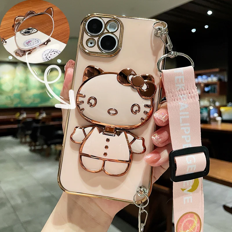 thumbnail image 1 of Funda de teléfono chapada con correa para iPhone, carcasa con soporte de Hello Kitty para iPhone 15, 14, 13, 12, 11 Pro Max, Mini, XR, XS, X, 8, 7, 6S Plus, SE 2020, 1 of 5