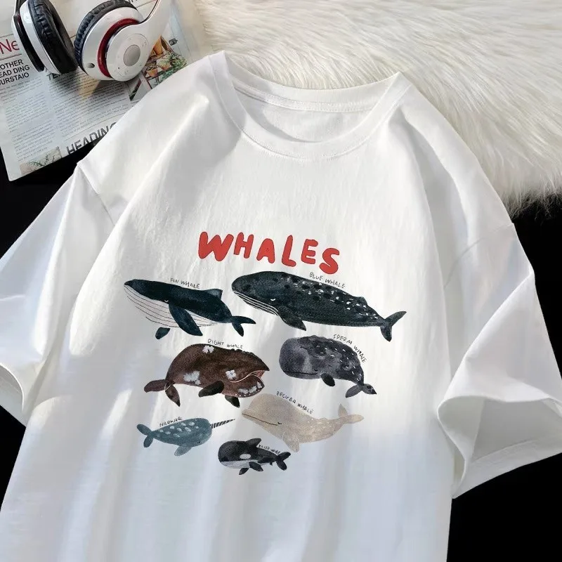 Cute Animal Whale Pattern Print T-shirt Women Summer 2025 New