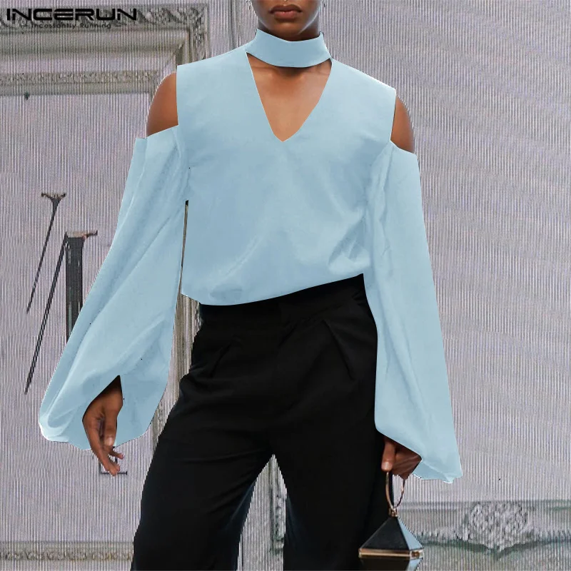 

INCERUN Men's Shirt Solid V Neck Long Sleeve Hollow Out Casual Men Clothing Streetwear 2024 Loose Fashion Unisex Shirts S-5XL