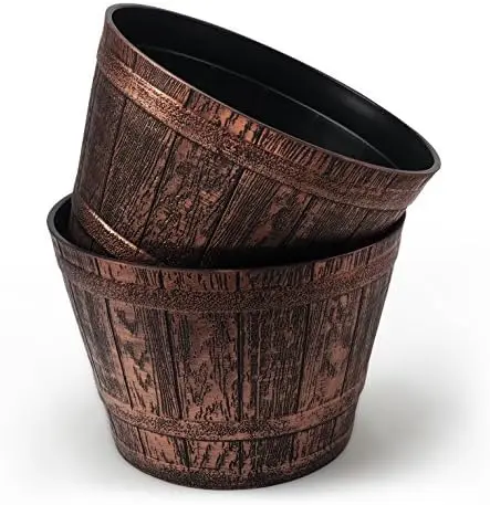 

of 2 Plastic Fancy Whiskey Barrel (2 planters + 2 Matching Saucers) Victorian Rustic Look Flowerpot for Indoor Outdoor Garden O