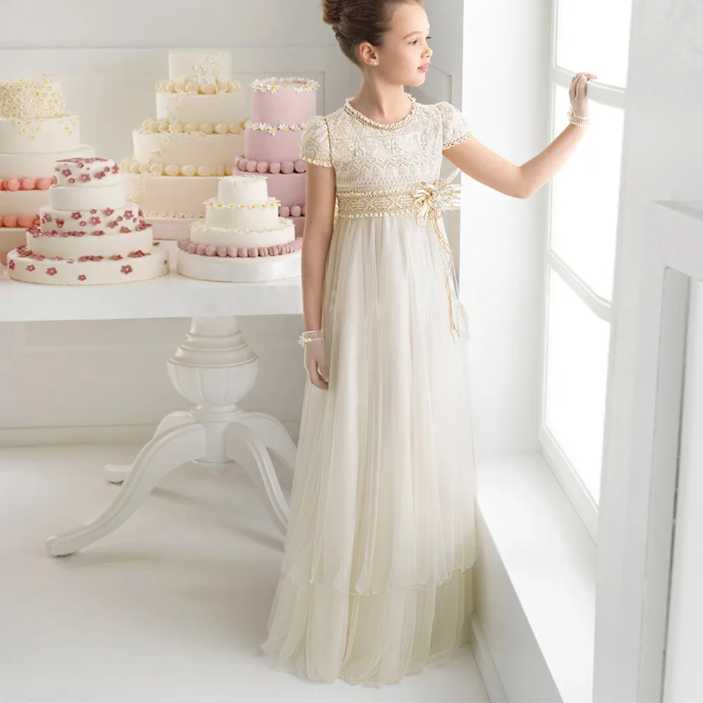 

New Elegant White Lace Flower Girl Dress for Weddings Long Sleeves Ball Gown Girl Party Communion Pageant Gown Vestidos