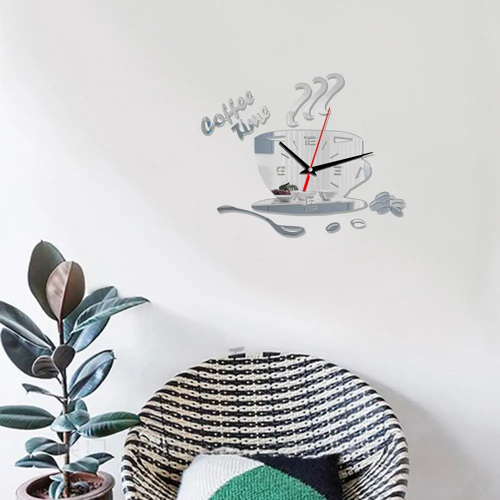 Description Picture 5 of item3D Mirror Coffee Cup Shaped Wall Clocks Modern Design Creative Wall Clock Sticker For DIY Kitchen Living Room Home Decorations