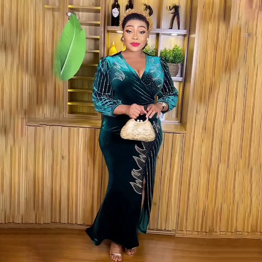 

Plus Size African Velvet Party Dresses for Women Dashiki Ankara Evening Gown Sexy Bodycon Split Long Dress Africa Clothing 2023