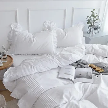 Super vendita Set biancheria da letto bianca Elegante set copripiumino con volant fatto a mano Set letto principessa Queen Lenzuolo per la casa Lino di cotone