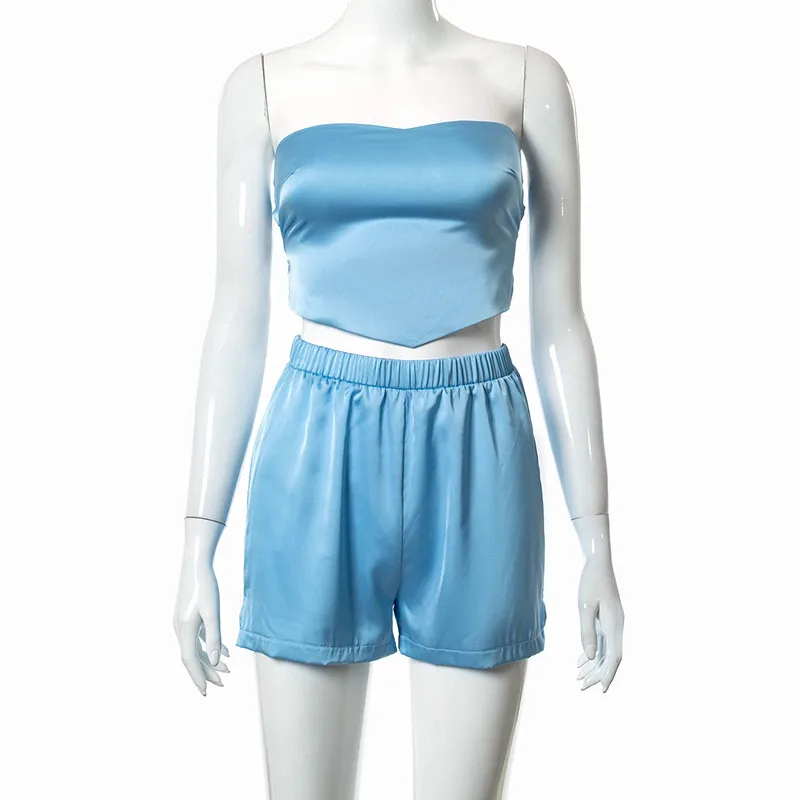  Sexy Strapless Two Pieces Shorts Sets Blue Backless Hollow Out Tanks and Shorts Tracksuit Fashion Matching Set Suits Women