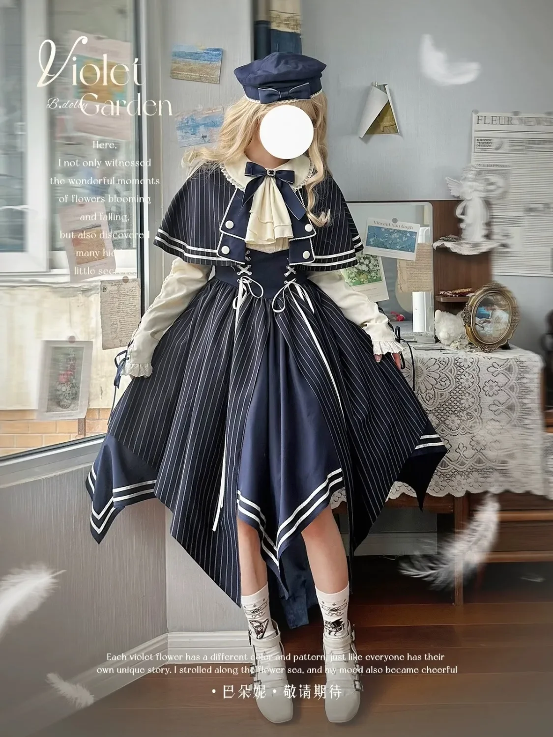 

Lolita Classical Violet Vintage Dress Women Gothic College Style Stripes Bow Lace-up Irregular Dresses with Shawl Two-Pieces Set