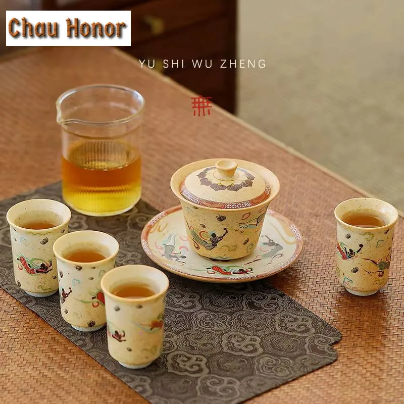 150ml Chinese Dunhuang Apsaras Gaiwan Retro Mural Painting Tea Brewing Cup Saucer Tea Tureen Tea Maker Cover Bowl Tea Ceremony