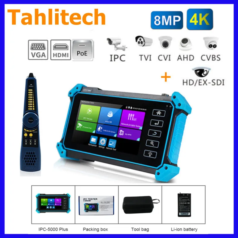 

Tahlitech CCTV IPC Tester Supports 8MP AHD CVI TVI Camera 4K IP Camera Testing VGA HDMI PTZ PoE UTP Network Cable Tracer Battery