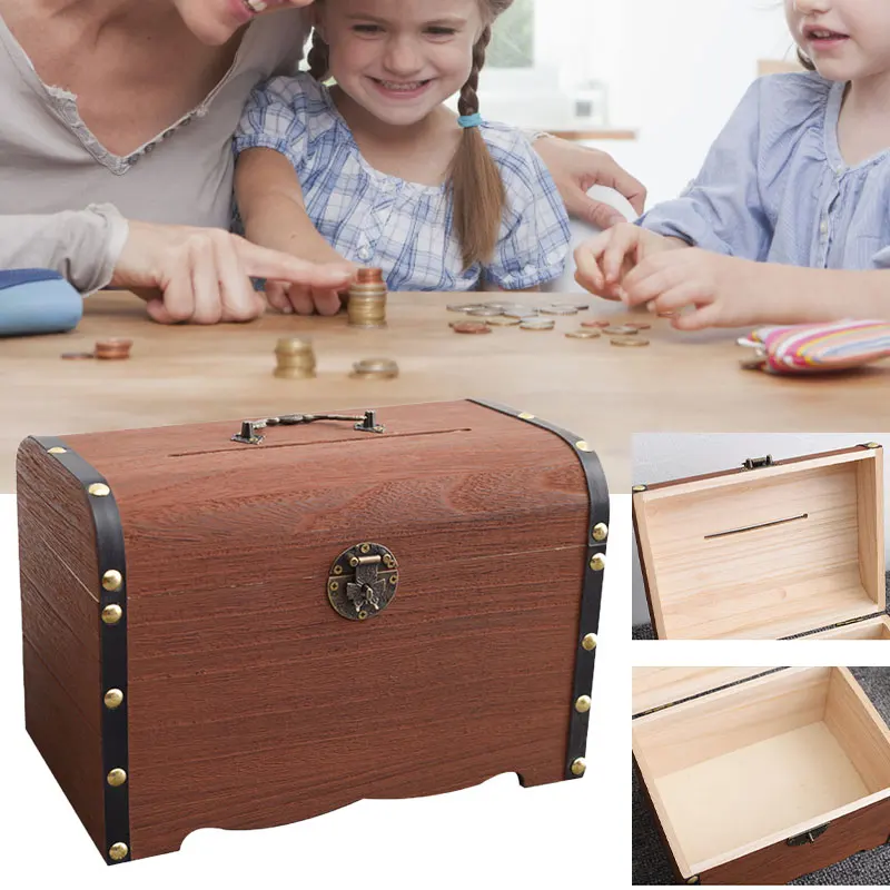 

Vintage Treasure Storage Box Piggy Bank Organizer Saving Box Case With Lock Wooden Home Retro Treasure Chest