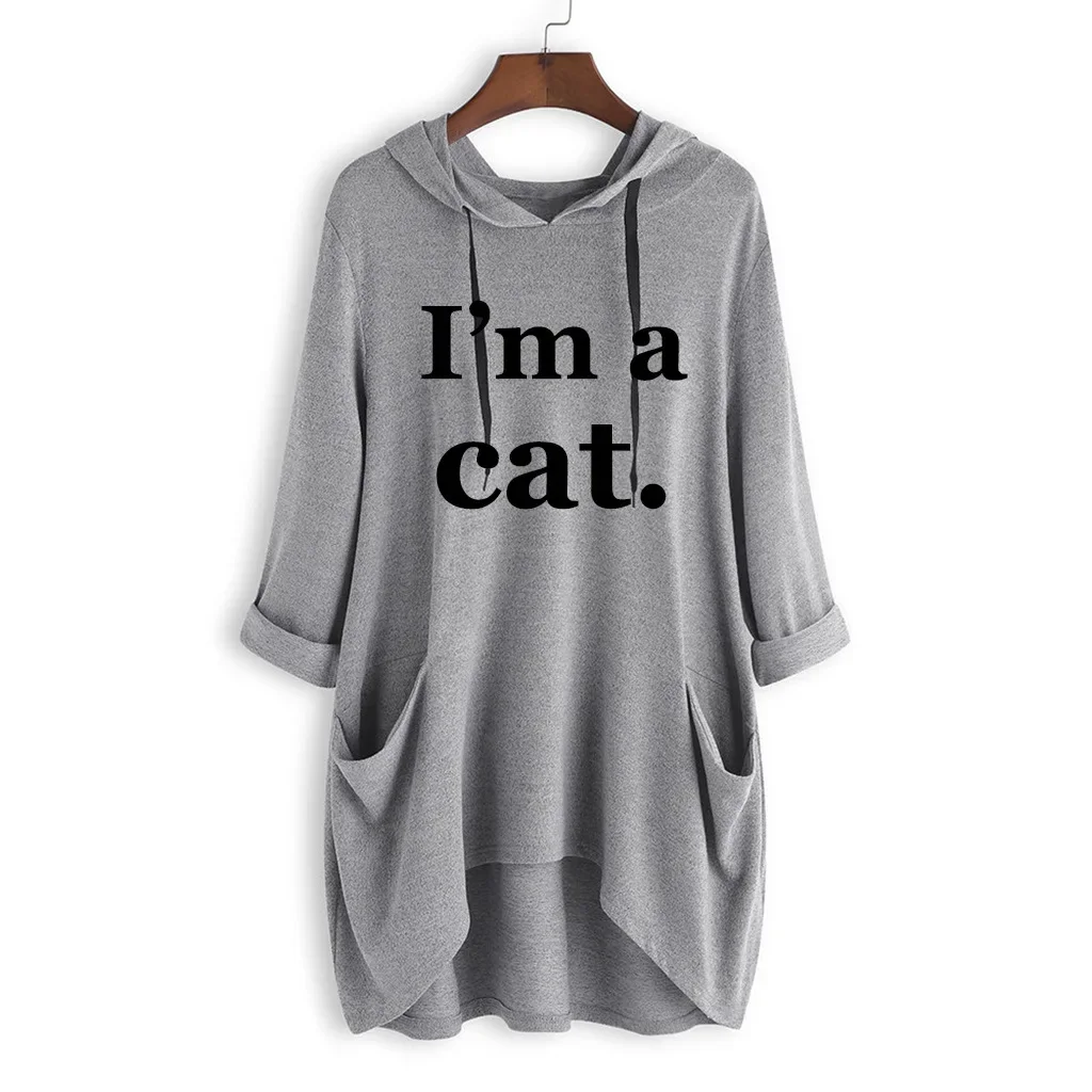 Women Long Sleeve Knit Hoodie Pullover Sweatshirt Loose Casual Top Irregular Hem