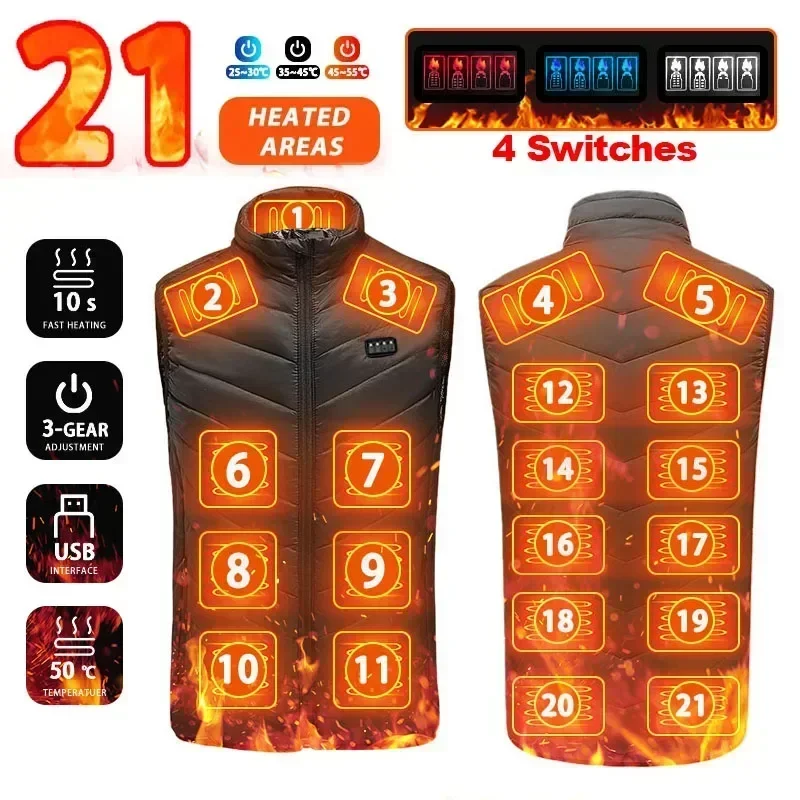 Heated Vest, 21 Heating Zones, USB Self Heating, Men Women Winter Outdoor Jacket