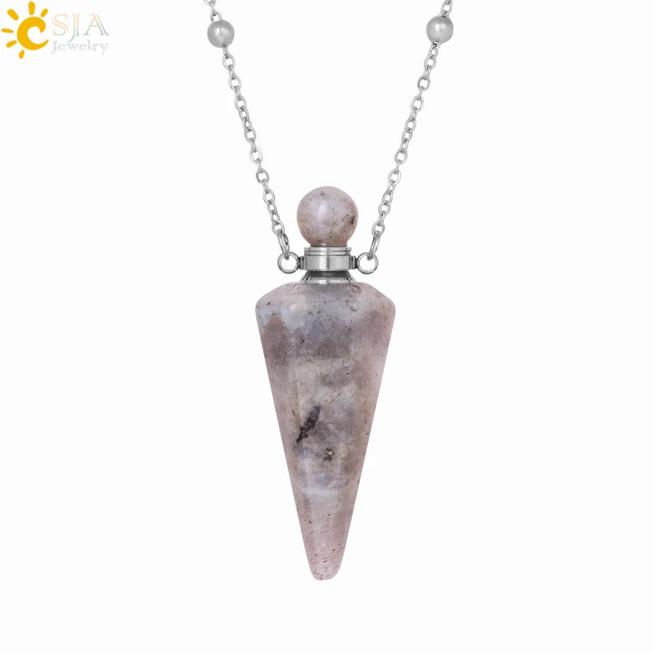 Natural Stone Cone Perfume Bottle Necklace with Healing Clear Quartz Crystal Pendant and Essential Oil Diffuser
