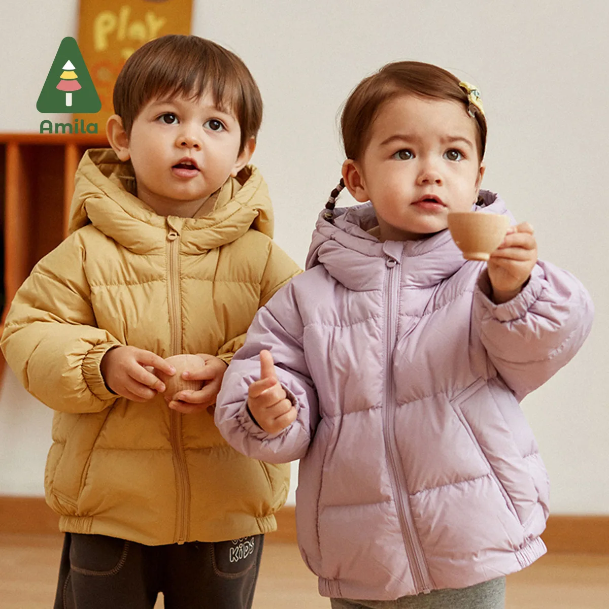Amila Children's Clothing Girls' Winter New Long Sleeves Cute Multicolor Fashion OuterWear& Coat Down Jackets