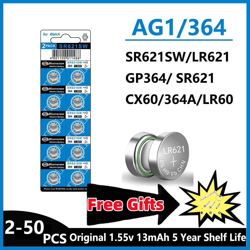 Hoge Capaciteit 5-50 Stuks Sr621sw Ag1 Lr621 364 363 Lr60 164 1.5V Alkaline Munt Zilveren Knoop Munt Horloge Batterij Met 1 Stuks Cadeau