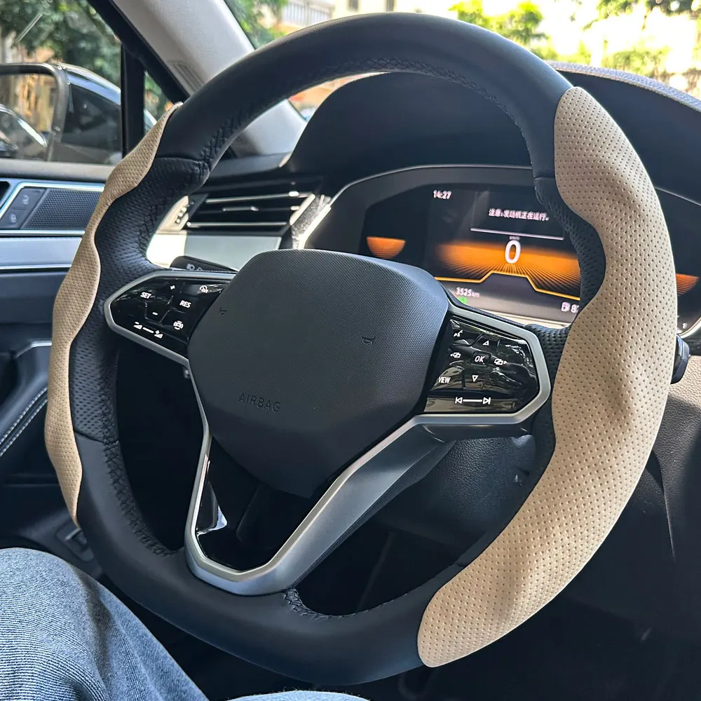 Universal D-shaped Round Car Steering Wheel Cover Ventilation hole Leather Absorb sweat Anti-slip Decoration Accessories 15inch