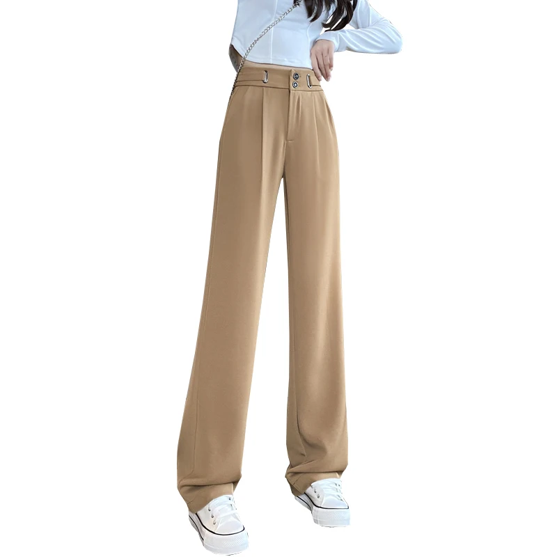 2023 Woman Double Button Wide Leg Pants Women Spring Loose Female  Floor-Length Straight Suits Pants Back Elastic Long Trousers