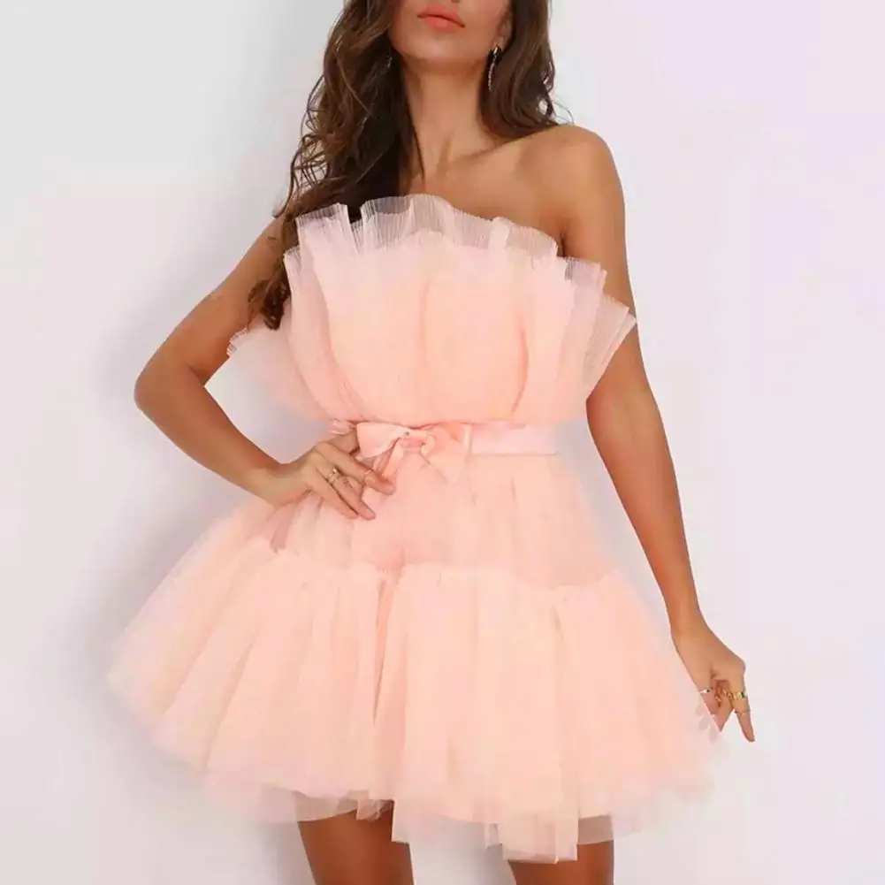 

Fashion Prom Dress Tutu-Skirt Bow-knot Off Shoulder Net Yarn Bandeau Party Dress Sexy Sleeveless Ball Gown Mini Dress vestido d