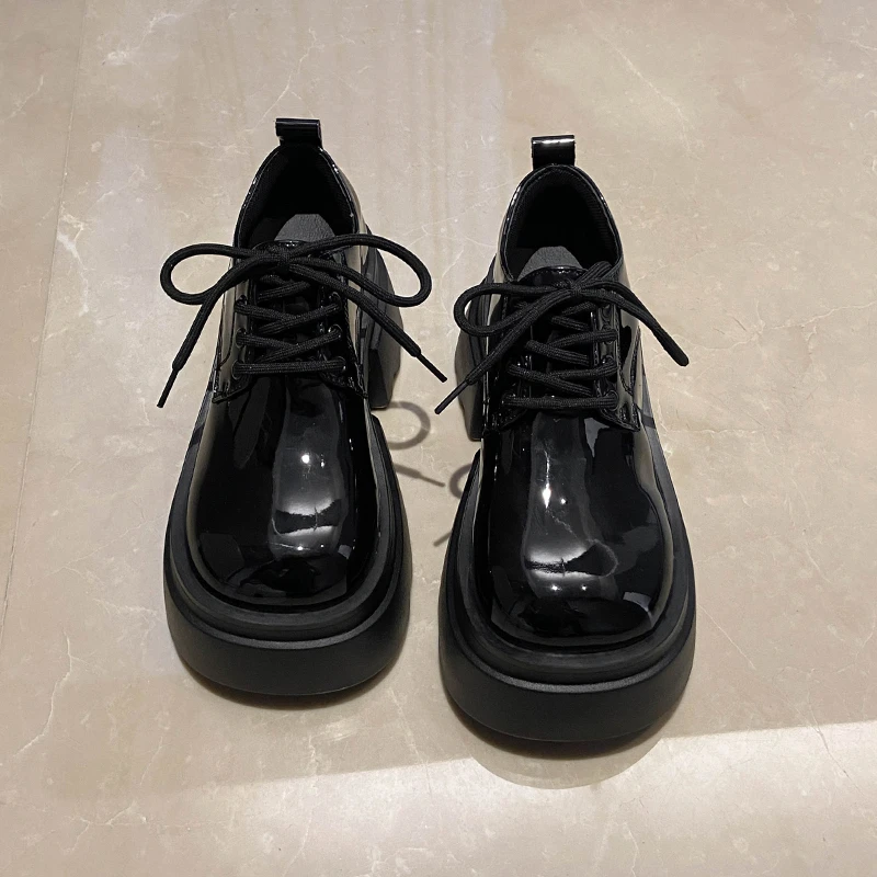 Aphixta 7.5cm Square Heel Ankle Boots Patent Leather Sneakers Women's Shoes Chunky Sole Lace Up Black Boots Shoes Women