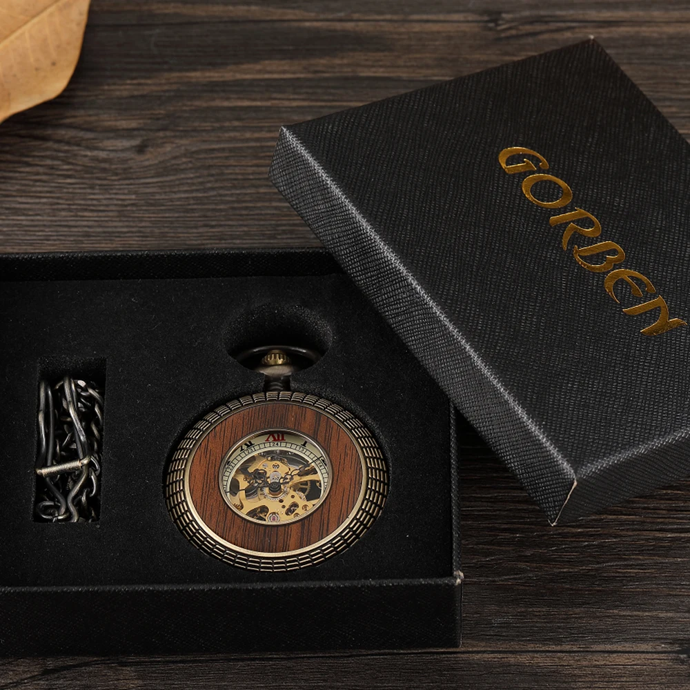 Solid Wood Mechanical Pocket Watch Men Chain Retro Roman Dial Hollow Clock Steampunk Gift Stainless Steel Watch Women Box reloj