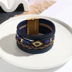 Elegant Handwoven Leather Bracelet with Magnetic Clasp & Rice Bead Design (Leather Bracelet 2)