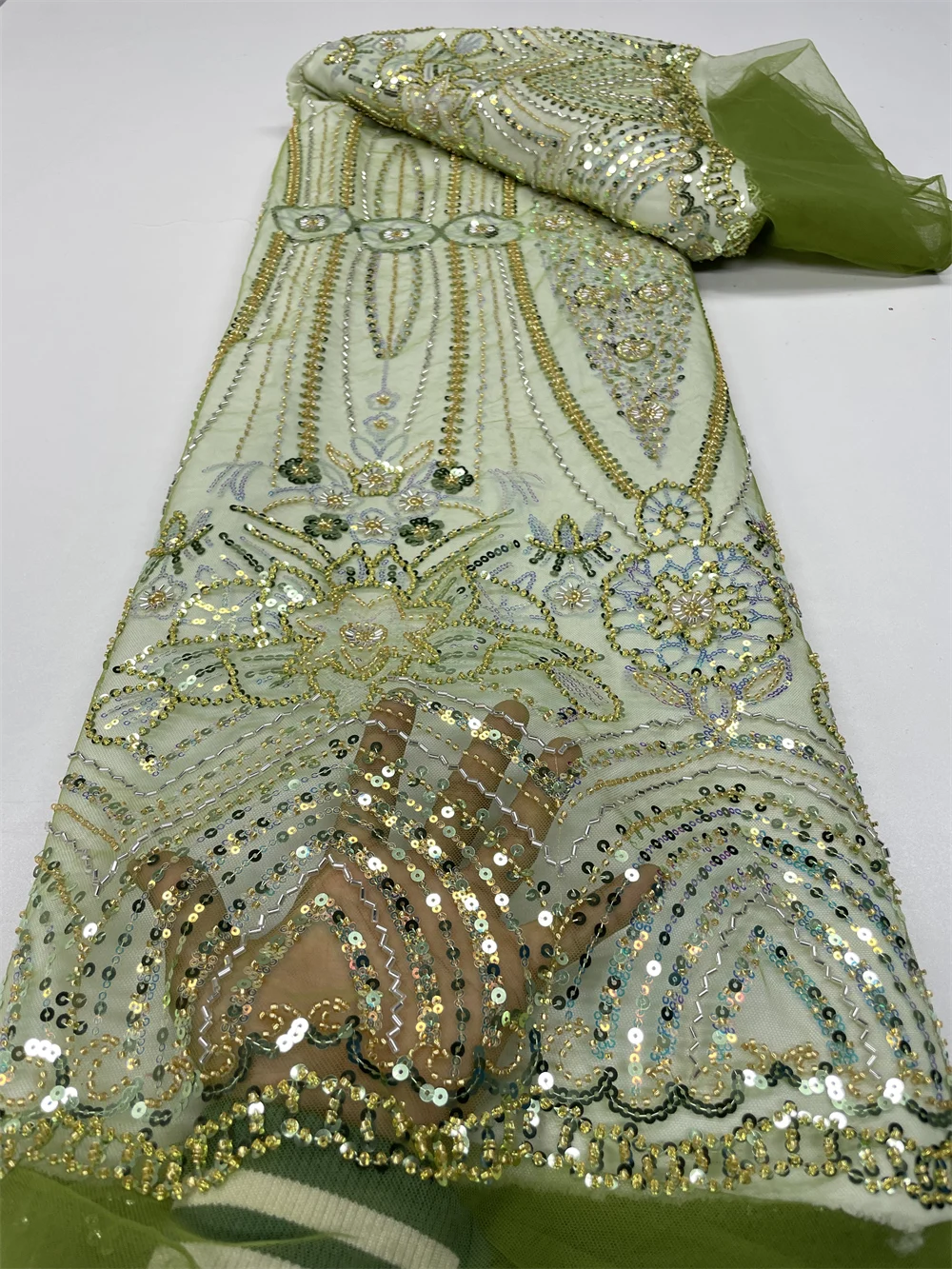 

African Handmade Beads Laces Fabrics Luxury Nigerian Sequins Mesh Lace Fabric French Bride Tulle Lace For DIY Material QF0640