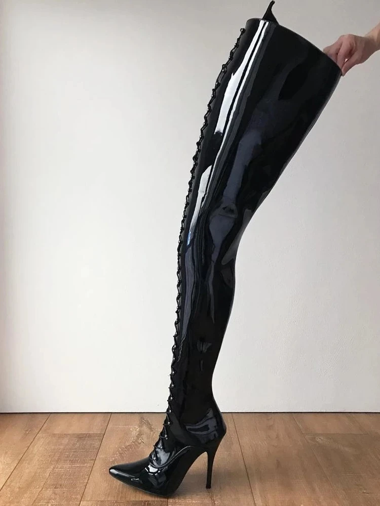 Crotch Hard Shaft Lace up Boots High Heel Stiletto Black Patent Leather Pointed Toe Long Shaft Shoes Women Winter Runway Stage