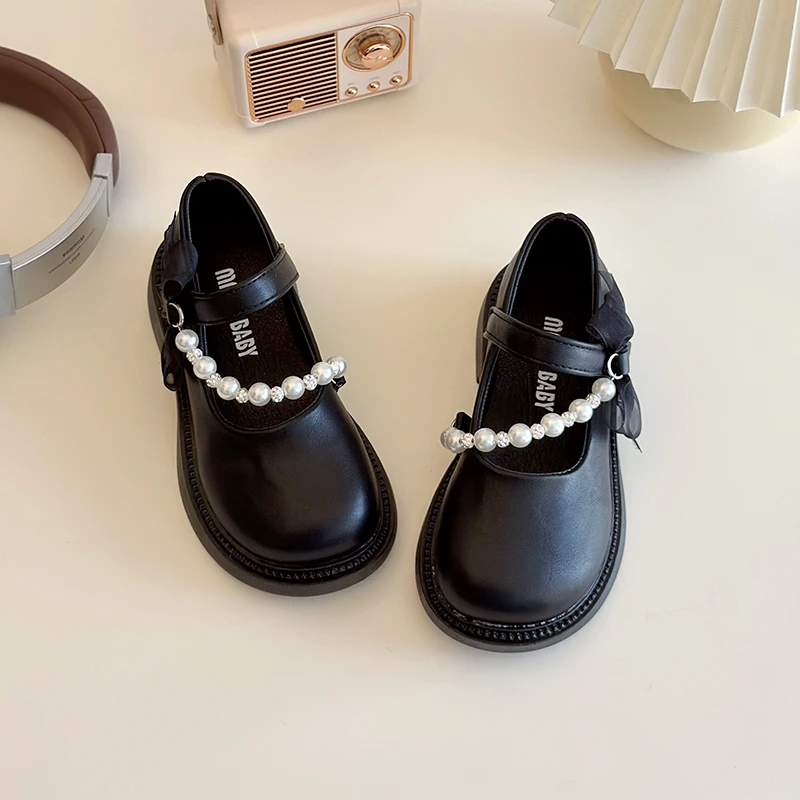 Girl's Leather Shoes Pearl Chain Ribbon Solid Color Elegant Kids Mary Janes Hook-loop Spring Black Beige Children Shoe