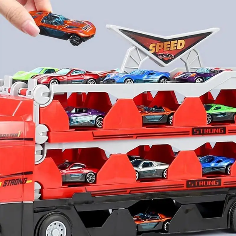 Camion transporteur de voiture, modèle de grande plate-forme, remorque avec  6 voitures de course, camion d'ingénierie, jouet pour garçons et filles
