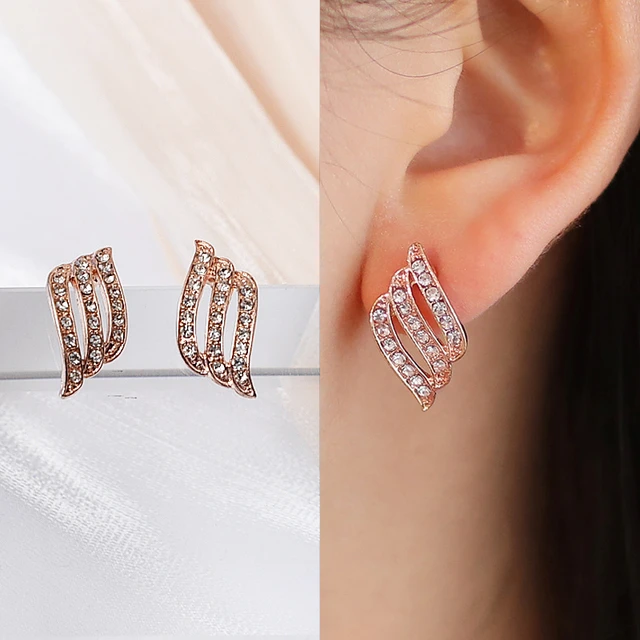 Rose Gold Color Crystal Women's Stud Earrings Hollow Wings Curved