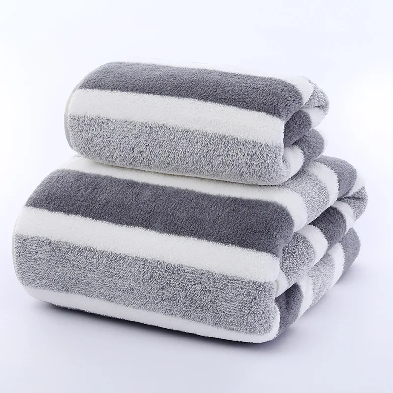 Striped Coral Fleece Quick-Drying Towel Set – Soft, Absorbent, and Stylish Bath Towels gray