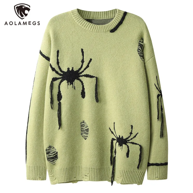 

Aolamegs Y2K Men Sweater Oversized Knitted Ripped Spider Jacquard Jumper Harajuku Goth Punk Pullover Knitwear Autumn Winter