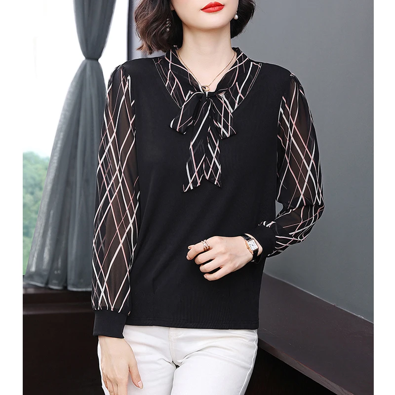 Spring Autumn Women's Korean Fashion Print Patchwork Bow Lace Up Blouse Elegant Long Sleeve Loose Shirt Female Casual Chic Tops