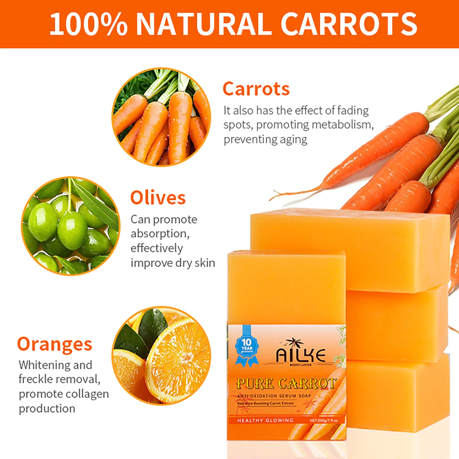 AILKE Natural Carrot Whitening Serum Soap, Brighten, Even Skin Tone, For Black, Dark and Caramel Skin, Vegan Soap, 200g