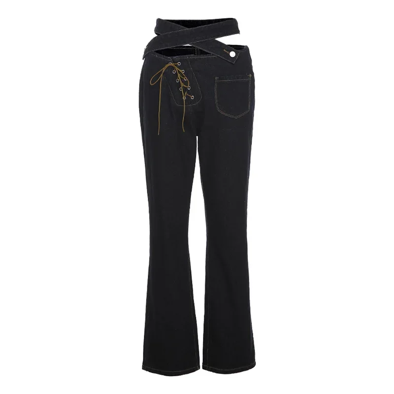 2024 Autumn and Winter New Women's Street Fashion Cross Button Lace-up Hollow Waist Wide Loose Long Wide-leg Casual Jeans