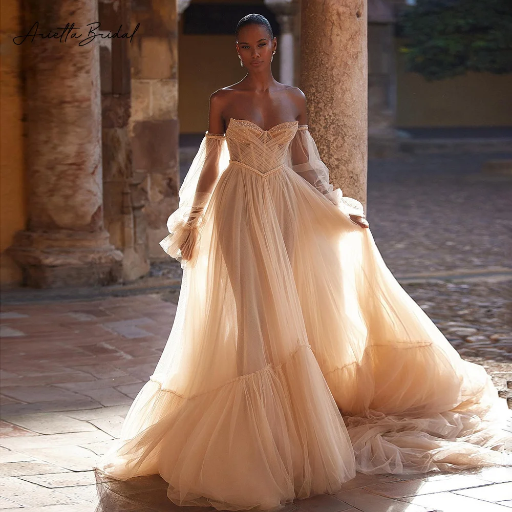 Arietta Champagne Tulle Princess Wedding Dresses Off Shoulder Long Sleeves A-Line Bridal Gowns Basque Waist Beach Bride Dresses