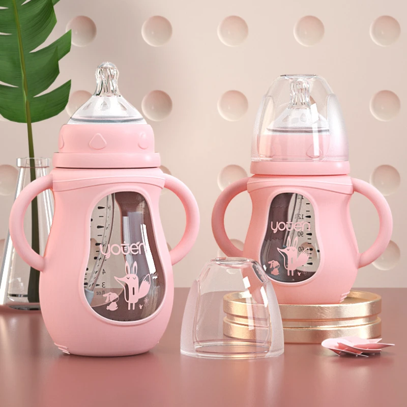 Baby Drink Bottles with Straw Milk Feeder Set with Silicone Cover Anti-drop