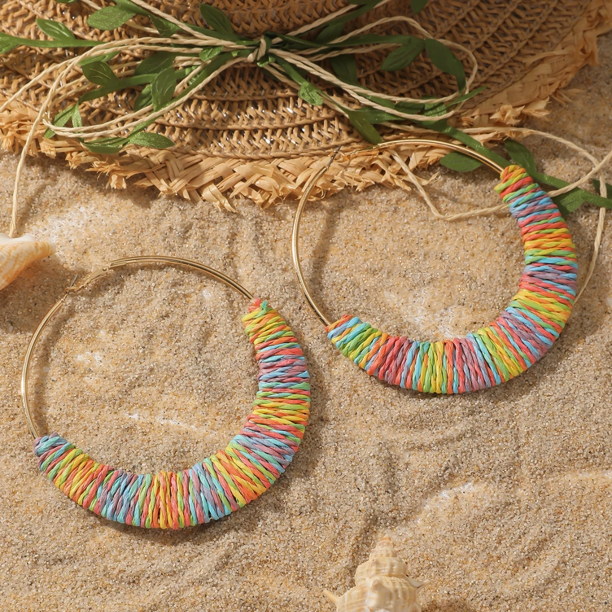 Bohemia Exaggerated Multicolor Raffia Big Hoop Earrings for Women Handmade Irregular Rattan Knit Circle Earrings Summer Jewelry