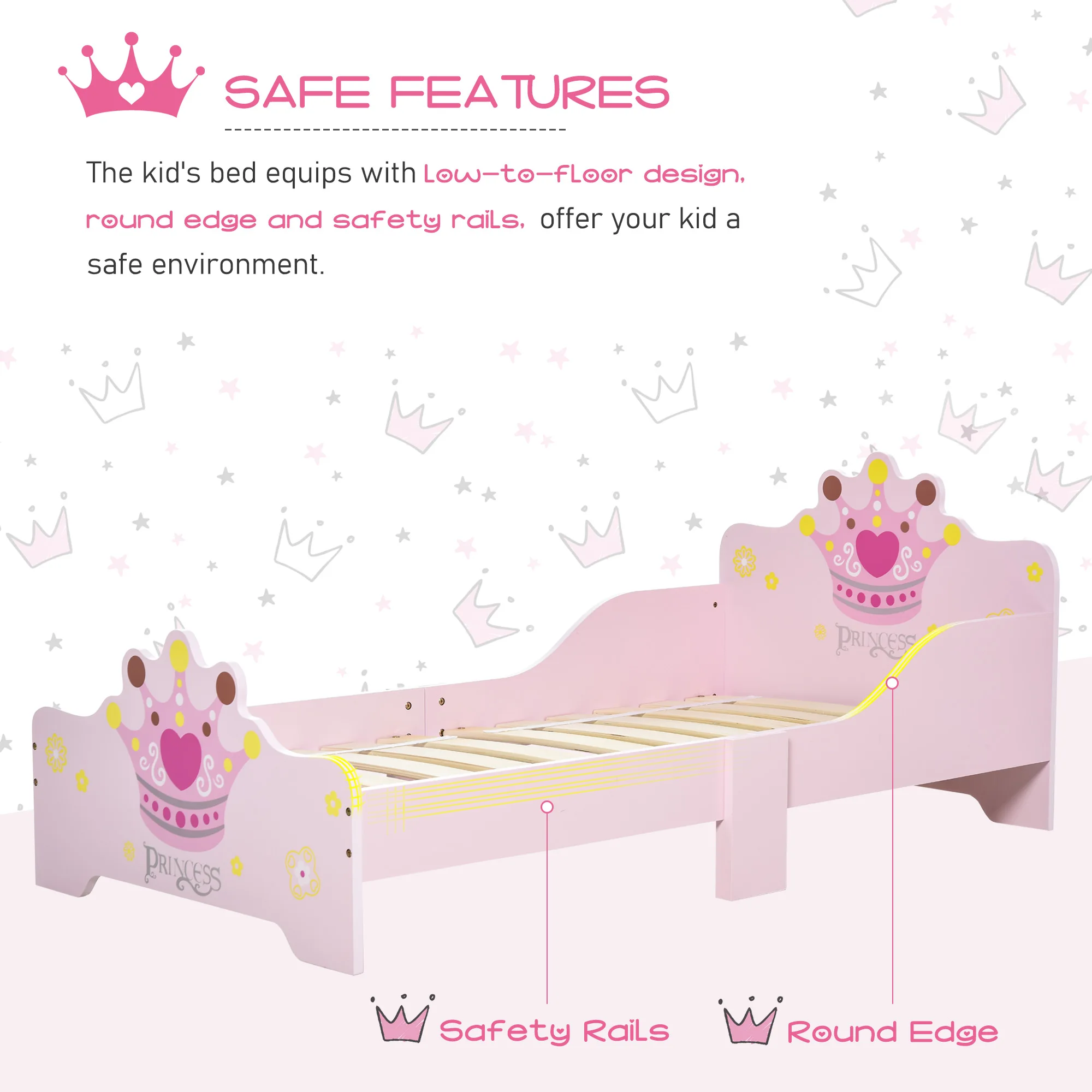 HOMCOM Kids Toddler Bed Princess Crown Theme Safety Side Rails Slats Home Bedroom Furniture 3-6 Yrs Pink 143 x 73 x 60 cm