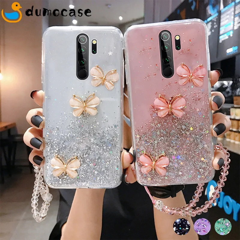 Bling Schmetterling Glitter Lanyard Silikon Handytasche für Xiaomi Redmi 9C 9A Note11 10 9 8 Pro Poco M3 X3 M4 Pro Shiny Cov_voghion.com