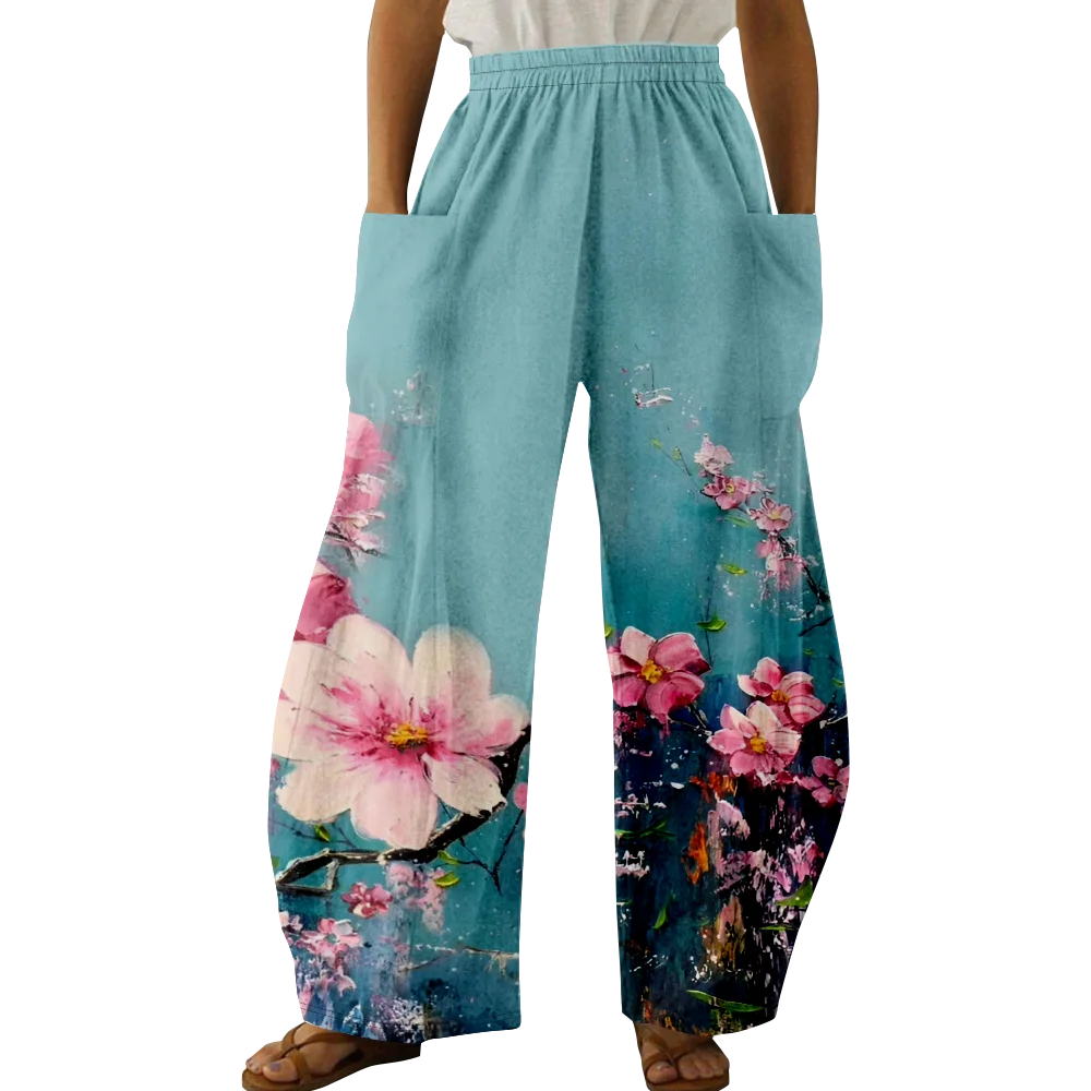 Spring Flower Print Pants Summer Stylish Casual Trousers Women Harajuku Y2K Trousers Pocket Loose Pants Wide Leg Pants Pantalon