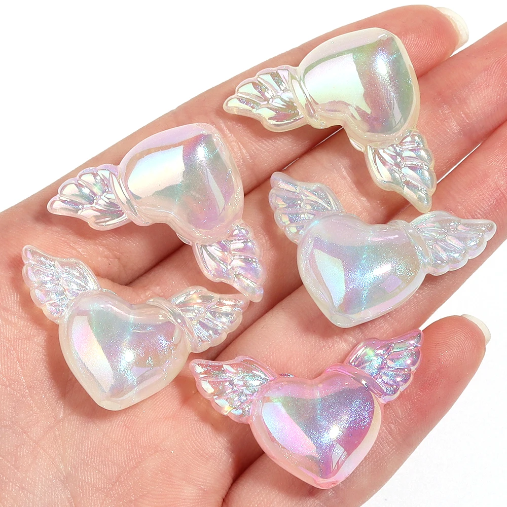 10Pcs 35x21mm 아크릴 엔젤 러브 하트 비즈 빛나는 컬러 도금 된 느슨한 비즈 DIY 공예 장식품 만들기 액세서리