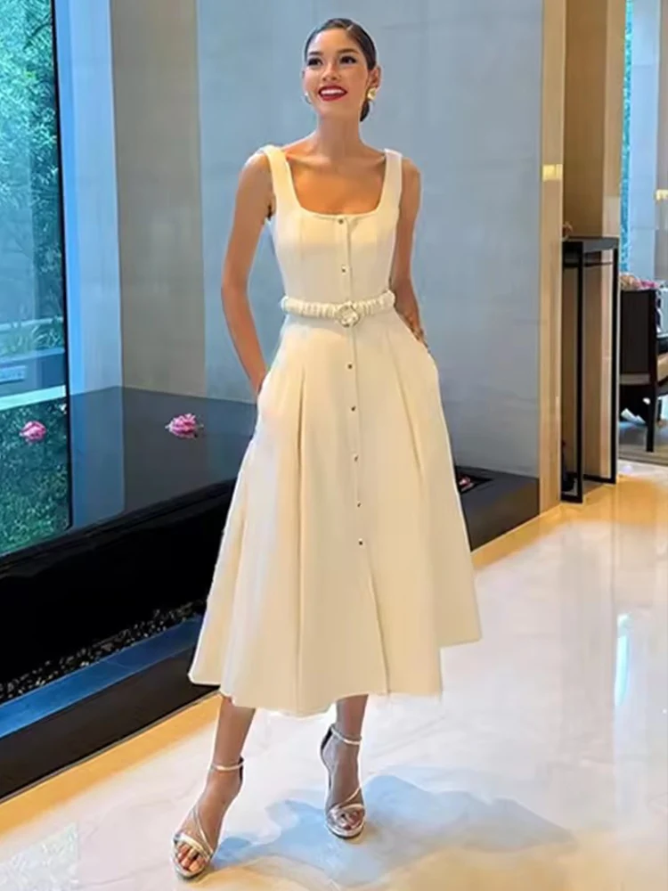 Fashion With Belt Long Dress For Women Sleeveless Single Breasted Slim Dress 2025 Summer Elegant Lady Commute Midi Dresses