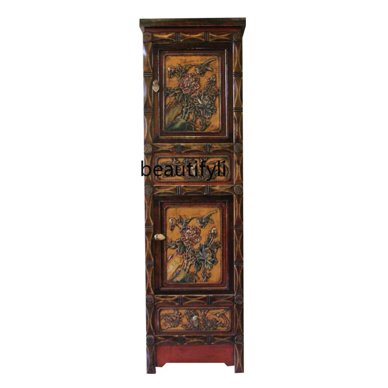 GY Bookcase Floor Hand Painted Clothes Closet Shelf Classical Bookshelf Solid Wood Zen Tea Room Painted Display Cabinet
