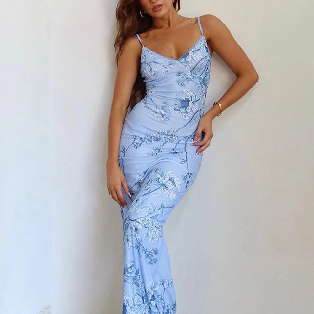 

Sleeveless Floral Print Suspender Dress Women Fashion V-neck Slim Maxi Dresses Summer Chic-Female Beach Party Club Robe