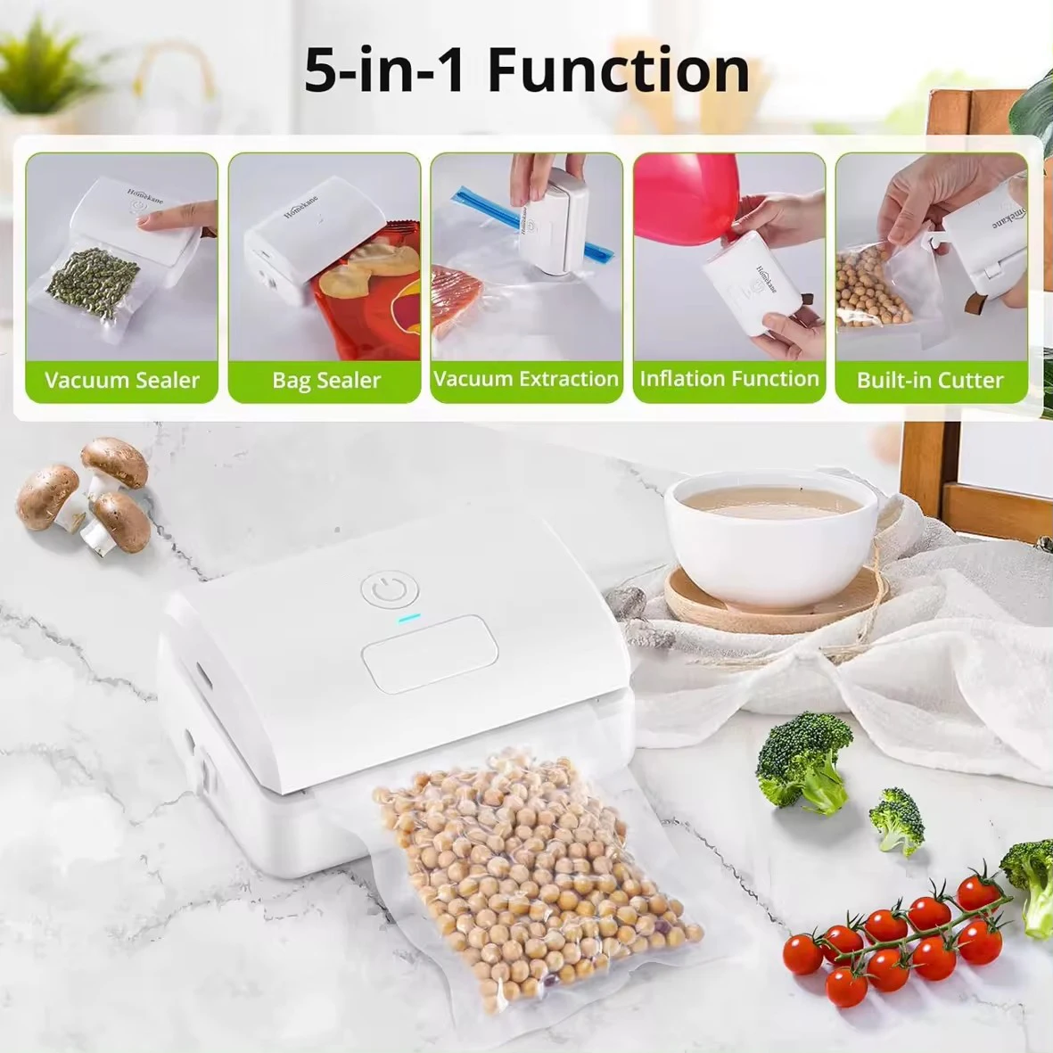 Description Picture 3 of item5 In 1 Mini Vacuum Sealer Portable Snack Sealer For Home Use Food Preservation Storage Bag Multifunctional Powerful Suction Pump