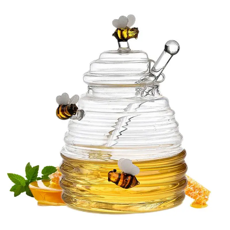 

Luxury Transparent Glass Honey Jar Glass Honey Bottle With Dipper Transparent Glass Honey Dispenser For Kitchen Accessories