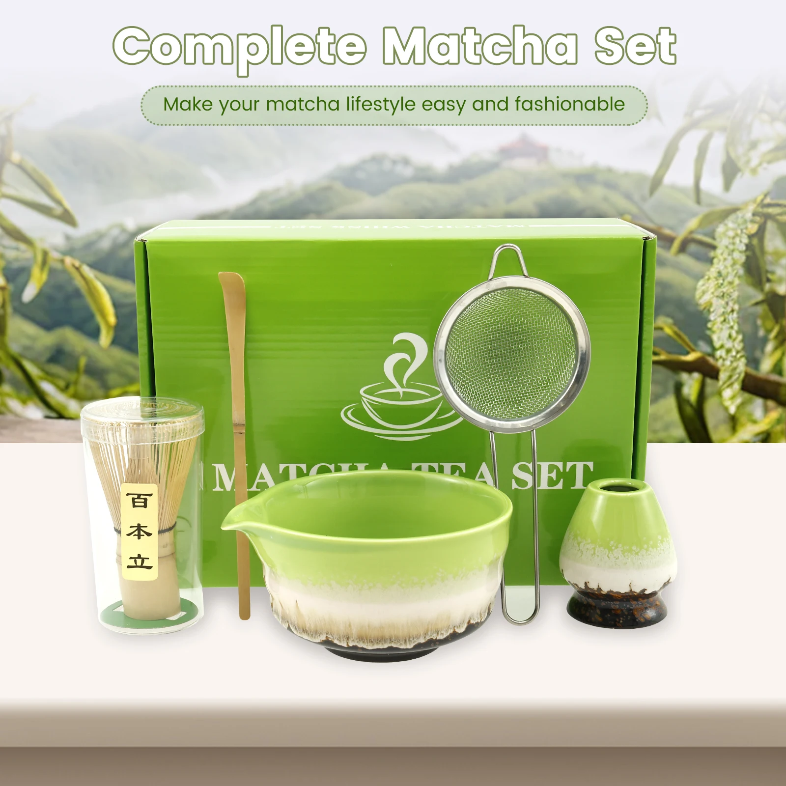 Ceramic Handmade Japanese Matcha Tea Set Matcha Bowl Bamboo Whisk Teaspoon Tea Set Beverage Shop Tea-making Tools Accessories