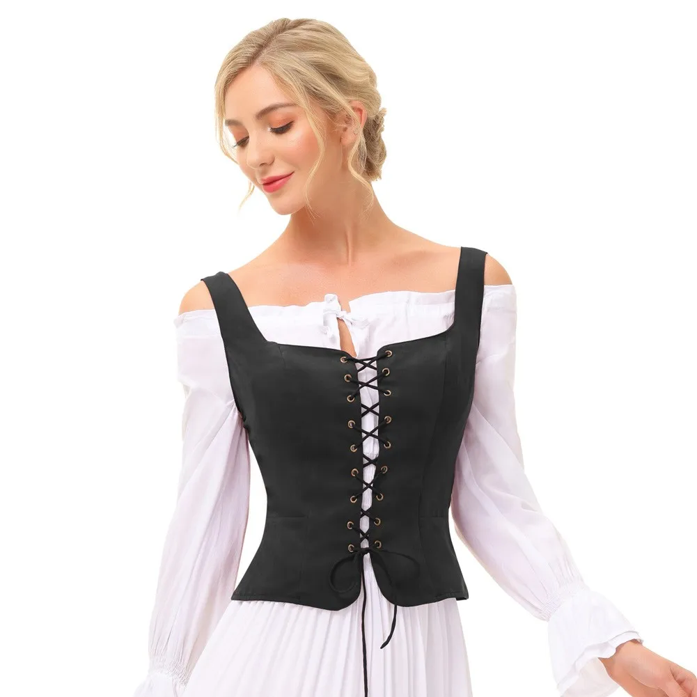 SD Women Vintage Waistcoat Faux Suede Square Neck U-Back Lace-up Front Vest Coat Slim Fit Jacket Ladies Sleeveless Casual Tops