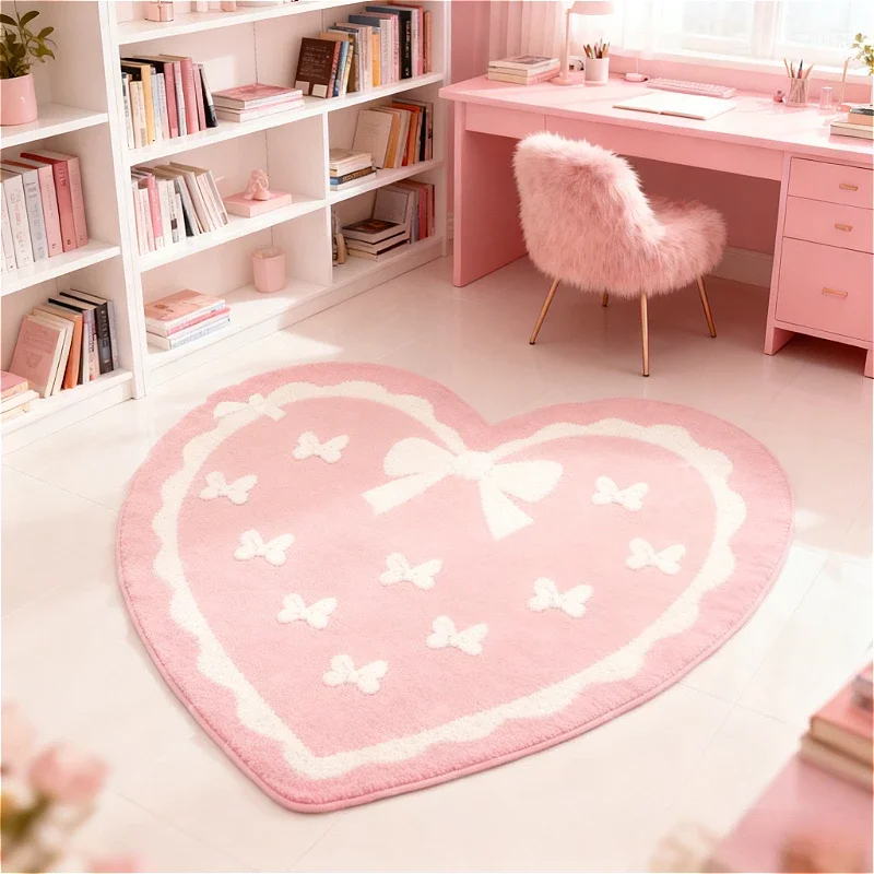 VIKAMA Rosa herzförmiger Plüschteppich mit Schleife, weiche, rutschfeste Bodenmatte für den Innenbereich, für Wohnzimmer, Schlafzimmer, Heimdekoration – Detail 2